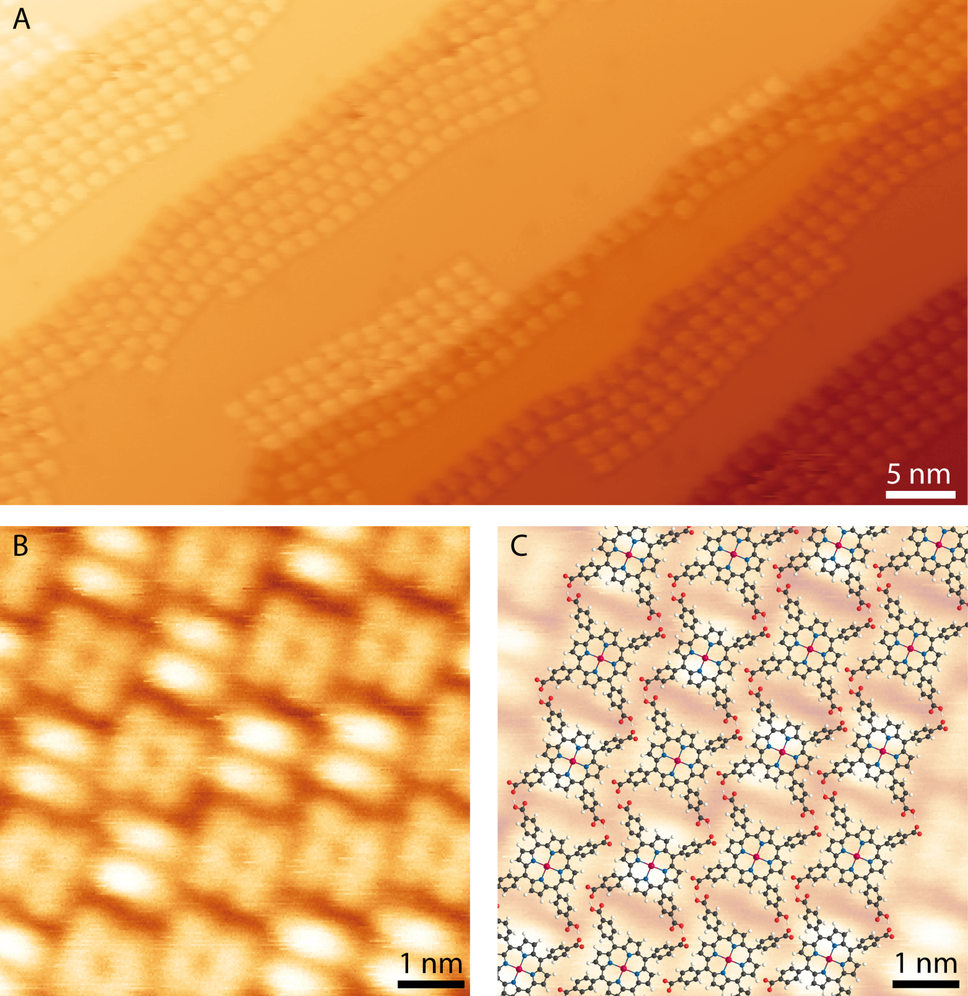 Rastertunnelmikroskopie von auf Silber deponiertem Cu-TCPP bei Raumtemperatur und Ultrahochvakuum mit Übersicht, molekularem Detail und Strukturmodell